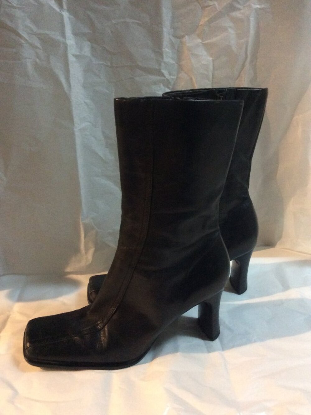 L’Intervalle Black Leather Square Toe Block Heel Ankle Boots Size 7
